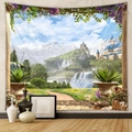 Detailansicht eines großen Landschaftswandteppichs mit Wasserfall und Schloss an der Wand - GT105028-Fantasie-Wasserfallschloss
