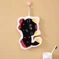 Absorbent black cat coral fleece hand towel with pink trim and hanging loop for kitchen - Polka Dot Cat Black