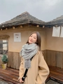 Gray wool cashmere blend winter scarf with fringe details worn with camel coat - Grey-Beige