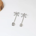 Silver bow dangle earrings with long metal rod and grey transparent crystal cube - Silver Bow Grey Pendant