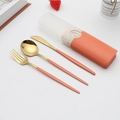 Portable stainless steel cutlery set with golden utensils and pink handles in storage box - Type E Orange+Gold