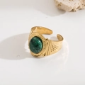 Vintage gold open ring with green oval natural stone and North Star geometric details - R01034-Gold Green Oval Stone