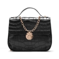 Black crocodile embossed mini bag with gold chain and round clasp closure - Black