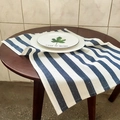 Blue and white wide stripe cotton linen table runner on dark wood round table - 40*60cm / Wide Striped Style