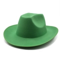 Close-up of green wool felt fedora with detailed stitching on the wide brim and pinch crown - M (56-58cm) / Grass Green