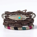 Detail showing vintage multi-layer leather bracelet with silver feather and turquoise charm - L3-Brown Feather Turquoise Set