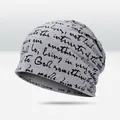 Light grey slouchy beanie for men featuring street style black handwritten graffiti prints - All-over Script Print Style / Light Gray
