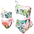 Detail of one-shoulder cut-out swimsuit with tropical print and pink bow decoration - Adult S / Pink Tropical Print
