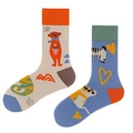 Funny animal jacquard crew socks with mismatched patterns in beige and sky blue - One Size / Cute Meerkat