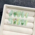 New Chinese style press-on nails with 3D lotus flower and dragonfly ink painting design - Large (L) / Short Coffin Style (1820)