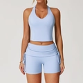 Set yoga celeste con top allacciato al collo e pantaloncini a vita alta con laccetti - S / Canotta + Pantaloncini / Blu Grigio Cielo