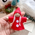Handmade red felt Christmas doll ornament with wooden head and long white hair details - Red Pointed Hat Red Dress White Polka Dot Smiling Doll (A38)