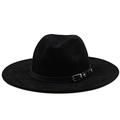 Detail of the black wide brim cowboy hat featuring a leather strap and silver buckle - M(56-58cm) / Black