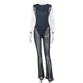 Close-up of black mesh patchwork jumpsuit featuring slim fit and backless design - S / Black