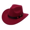 Detail of burgundy western cowboy felt hat with black leather strap and gold buckle - One Size (57cm) / Burgundy