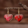 Golden heart-shaped drop earrings with red marble stone in vintage hook style - Red Wrapped Heart