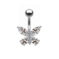 Detail shot of silver butterfly belly ring featuring sparkling clear zircon crystals - Silver Clear Butterfly