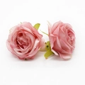 Two pink artificial silk rose heads with green sepals on a clean white background - Pink