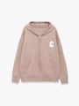 Dettaglio del cardigan in maglia malva con cappuccio, toppa C bianca e polsini a coste - S / Top Grigio Talpa