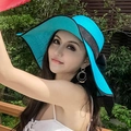 Wide brim cyan straw sun hat with black bow decoration for women beach vacation - One Size / Sky Blue with Black Trim