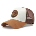 Brown mesh trucker hat with suede brim and Enjoy Life patch on white front panel - Adjustable / White with Khaki Tag