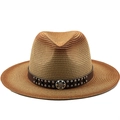 Unisex vintage woven straw sun hat with gradient brown tones and studded leather band - M (56-58cm) / Caramel Khaki (JX-S05)