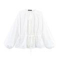 Elegant white hollow out embroidery long sleeve top with waist drawstring and lantern sleeves - S / White
