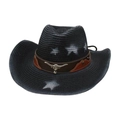 Straw cowboy sun hat with white star print and silver bull head metal emblem decoration - One Size / Black (Metal Bull Head + Wind Rope)