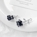 Detailed close-up of black enamel rose charms with silver stems for DIY jewelry making - Large Black Rose / #12 Single Price