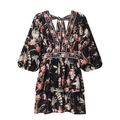 Women's V-neck long sleeve floral print dress with layered tiered skirt in black and pink - XS / Black Printed