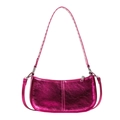 Metallic rose red punk style shoulder bag in glossy PU with silver zipper and buckle - Rose Red
