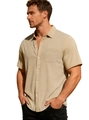 Chemise boutonnée beige à manches courtes pour hommes avec texture gaufrée et col à revers - Kaki