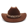 Detailed view of dark brown felt fedora featuring a bold gold chain band embellishment - M(56-58cm) / Brown