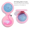 Pink 3D flamingo folding hairbrush with mirror for girls, portable travel size 15x7cm - Pink Folding Comb - Pony B