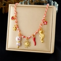 Red braided cord necklace with golden starfish and sun charms in a gift box - Sun Seahorse Chili Ceramic Heart Pendant Style (N3689)