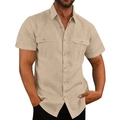 Detailed close-up of khaki cotton linen shirt texture with double flap chest pockets - Apricot