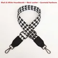 Close-up of houndstooth replacement strap with gunmetal swivel hooks and black leather - Black White + Black Leather + Gunmetal Hook