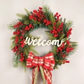 Christmas wreath with red berries, green pine needles, and a red checkered Welcome bow - Red Berry Sign Long Bow