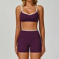 Deep purple two-piece yoga set with white contrast piping and V-neck sports bra - S / Bra + Shorts / Giga Purple