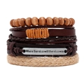 4-piece vintage leather bracelet set with wooden beads and engraved metal plaque - Willpower Inspirational Plate Style (HTK002-E) / Set of 4