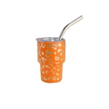 Detail view of 3oz orange leopard print tumbler with transparent lid and metal straw - Orange Leopard Print
