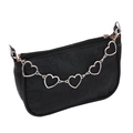 Detail of black mini bag with embossed cartoon patterns and silver heart chain strap - Single-Layer Five Large Hearts