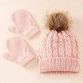 Detailed knit texture of pink cable knit winter hat with pompom and matching mittens set - Light Pink 2-Piece Set