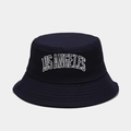 Close-up of navy bucket hat featuring white Los Angeles embroidery and reinforced stitching - M (56-58cm) / Navy Blue