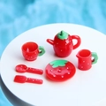 Service à thé miniature en résine avec fraises pour accessoires de maison de poupée DIY - Ensemble de 6 pièces rouge