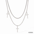 Silver stainless steel double-layered necklace set with beads and cross pendants - Steel Color Necklace (GCD621)