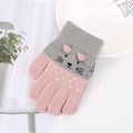 Pink and grey knit gloves for toddlers featuring a 3D cat face and elastic ribbed cuffs - Kids 3-7 Years / Dark Pink