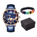Men's blue leather quartz watch with volcanic stone bracelet in a gift box - Blue Strap Rose Gold Case And Bracelet And Box