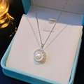 Elegant pearl necklace with diamond halo pendant in a blue jewelry gift box - Silver Double Layer Pearl