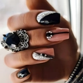 French style fake nails with black pink gradient, silver glitter and rhinestone accents - Shein Jelly Glue + File / DZ269-X Dark Rhinestone